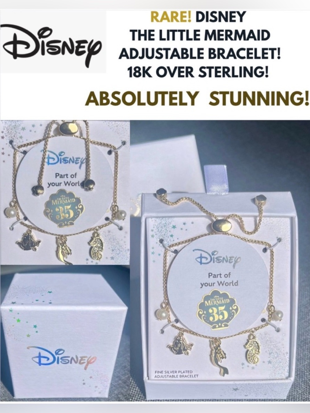 NIB! DISNEY THE LITTLE MERMAID!ADJUSTABLE BRACELET! 18K GOLD/STERLING SILVER!!!